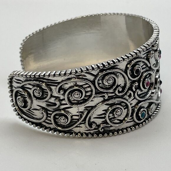 Silver Tone Metal Multicolor Rhinestone Cuff Bracelet Statement Boho Embossed - Picture 4 of 6